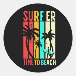 Pegatina Redonda Divertido Retro Playa Surfing Tabla de Surf Vintag