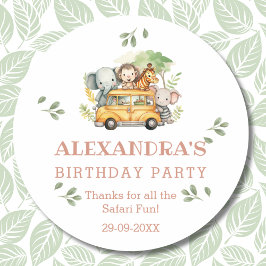 Pegatina Redonda Divertido Safari Rosa Chica Jungle Cumpleaños Grac