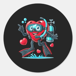 Pegatina Redonda Divertido Scuba Diving Heart Valentine Scuba Buceo