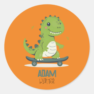 Pegatina Redonda Divertido Skateboarding Dinosaur Con Nombre Para N