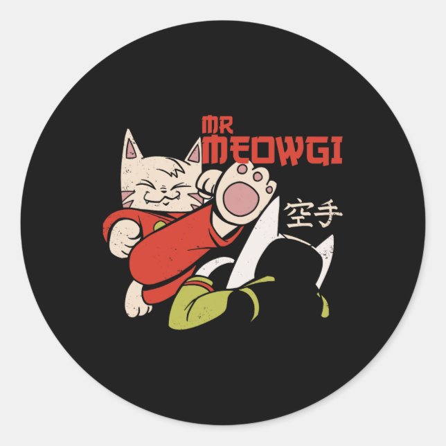 Pegatina Redonda Divertido Sr Meowgi Karate Cat Meow Design Hombres (Anverso)