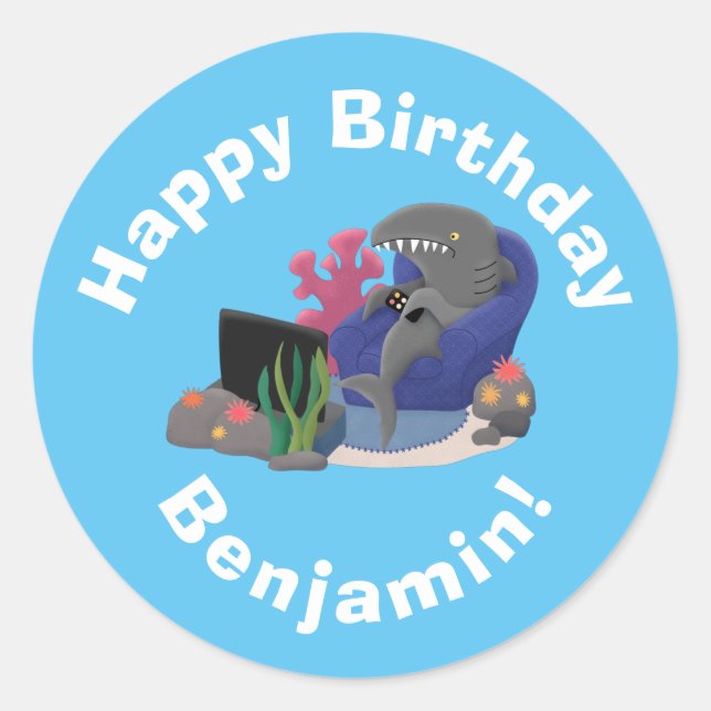 Pegatina Redonda Divertido tiburón viendo al personalizado de telev (Anverso)