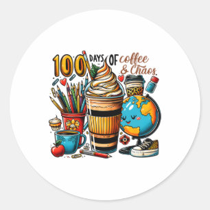 Pegatina Redonda Divertidos 100 Días De Café Y Maestros Escolares D