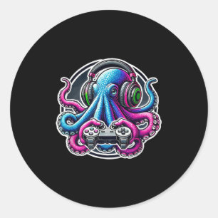 Pegatina Redonda Divertidos juegos de video Octopus Lover Gamer Oct