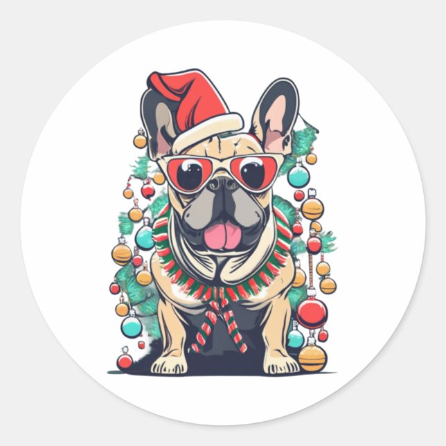 Pegatina Redonda Divertidos Navidades de árboles de perros Bulldog  (Anverso)