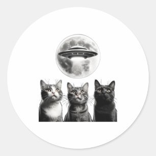 Pegatina Redonda Diviértete 3 Gatos Asustados Luna Ovni Alien Invas