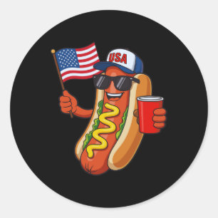 Pegatina Redonda Diviértete 4 de julio Hot Dog Usa Patriótico Indep