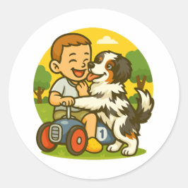Pegatina Redonda Diviértete con Cachorro y Niño