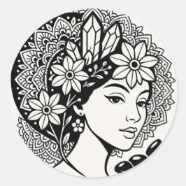 Pegatina Redonda Divina Mandala Art Floral Crystal Goddess