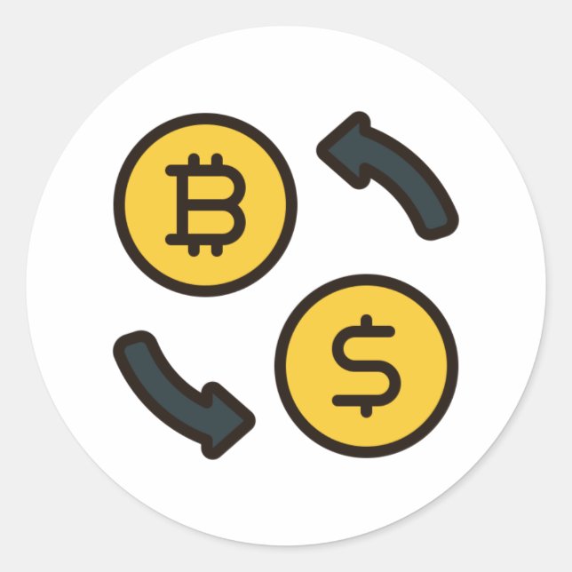 Pegatina Redonda Divisa de Bitcoin a los iconos del dólar (Anverso)