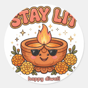 Pegatina Redonda Diwali Diya Permanece Encendida