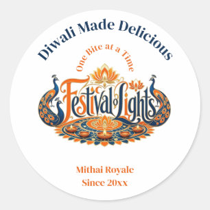 Pegatina Redonda Diwali Hecho Delicioso Motivo de Pavo Real para Pe