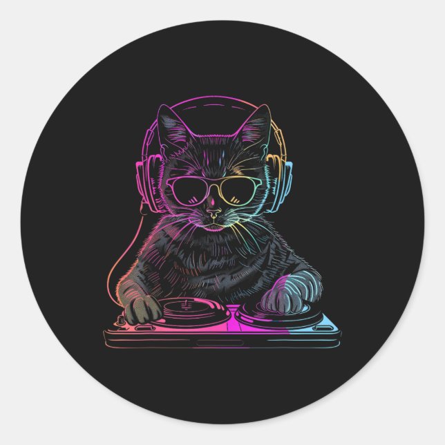 Pegatina Redonda Dj Cat Edm Techno House Music Funny Cat Lover (Anverso)