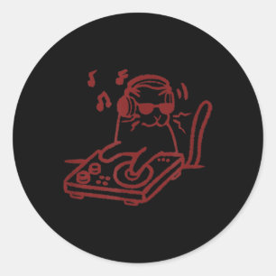 Pegatina Redonda DJ Cat Tomcat con tornamesas y auriculares Y2K