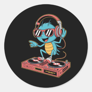 Pegatina Redonda Dj Cricket Spin The Music Party Vibes