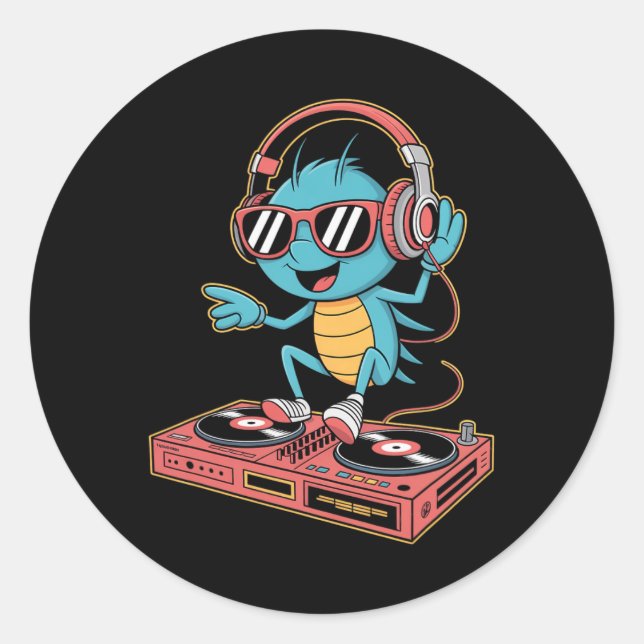 Pegatina Redonda Dj Cricket Spin The Music Party Vibes  (Anverso)