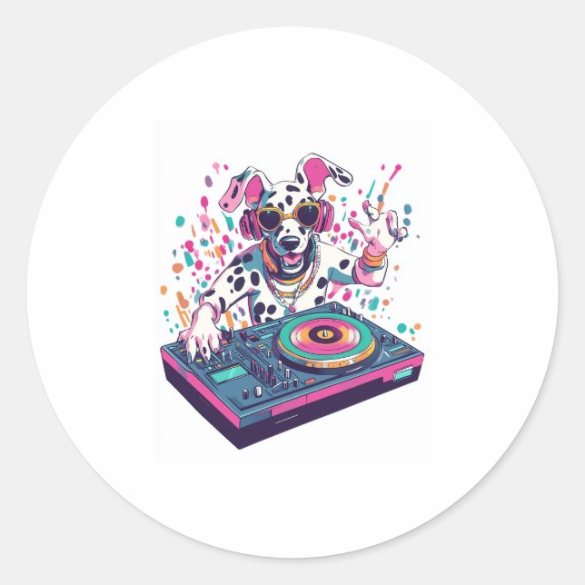 Pegatina Redonda DJ Dalmatian - Perro Fiesta de EDM Rave (Anverso)