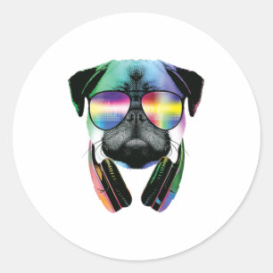 Pegatina Redonda Dj Pug Con Auriculares Y Gafas De Sol