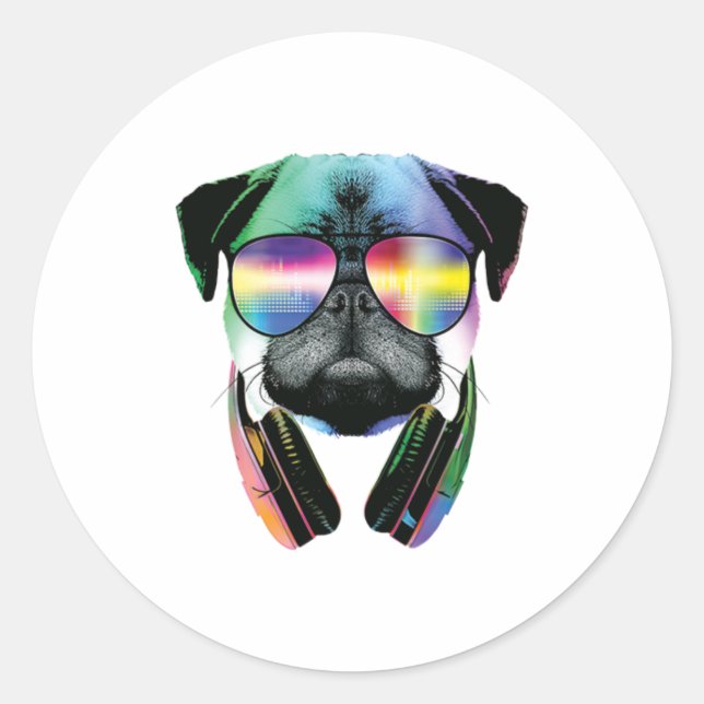 Pegatina Redonda Dj Pug Con Auriculares Y Gafas De Sol (Anverso)