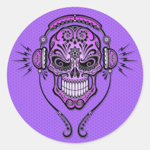Pegatina Redonda DJ púrpura azucara el cráneo