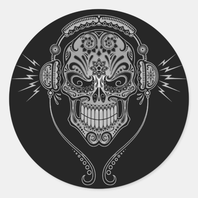 Pegatina Redonda DJ Sugar Skull - Negro (Anverso)