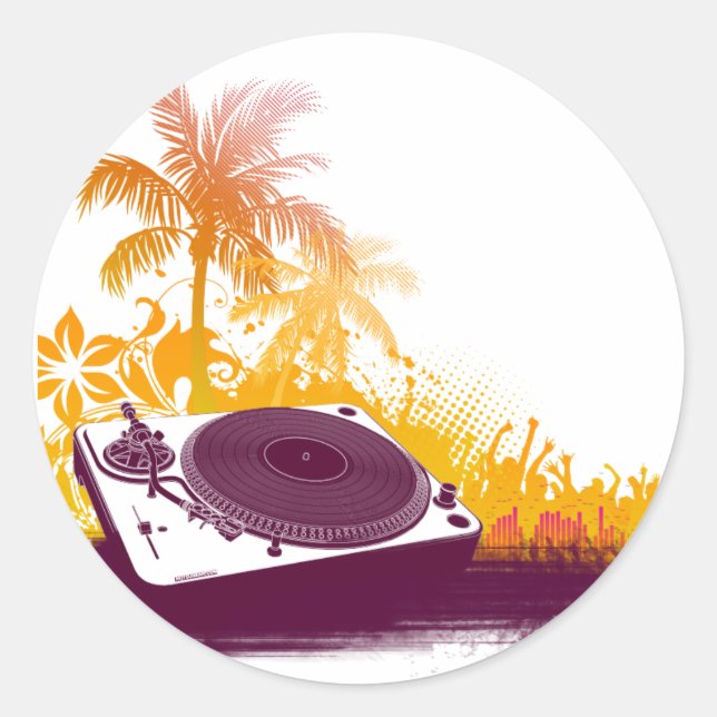 Pegatina Redonda DJ Turntable Beach - Disco Jockey Music Deck Vinyl (Anverso)