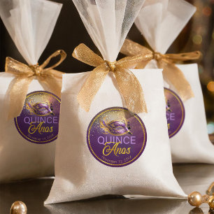 Pegatina Redonda DNI1031 de quince de máscaras Anos Purple Gold