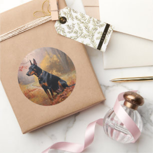 Pegatina Redonda Doberman en otoño se inspira en las hojas