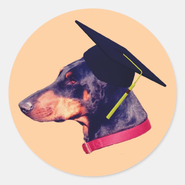 Pegatina Redonda Doberman Graduate Cap Funny (Anverso)