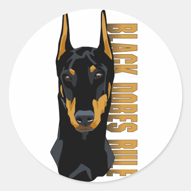 Pegatina Redonda Doberman Head, Black Dobes Rule (Anverso)