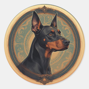 Pegatina Redonda Doberman majestuoso en círculo ornamentado artísti