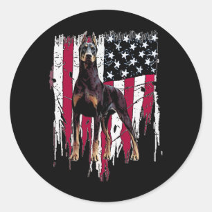 Pegatina Redonda Doberman Pinscher Bandera Americana Usa Impresiona