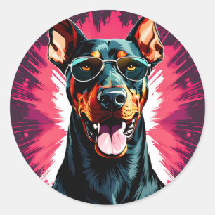 Pegatina Redonda Doberman Pinscher Con Gafas De Sol