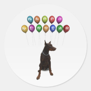 Pegatina Redonda Doberman Pinscher deseando un feliz Año Nuevo 2016