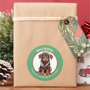 Pegatina Redonda Doberman Pinscher en Navidades Gorras de invierno