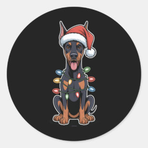 Pegatina Redonda Doberman Pinscher Envuelto En Luces Navidades