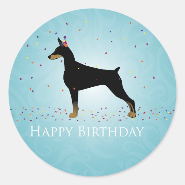 Pegatina Redonda Doberman Pinscher Happy Birday Design (Anverso)