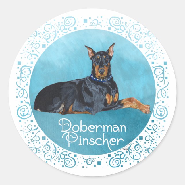 Pegatina Redonda Doberman Pinscher negro (Anverso)