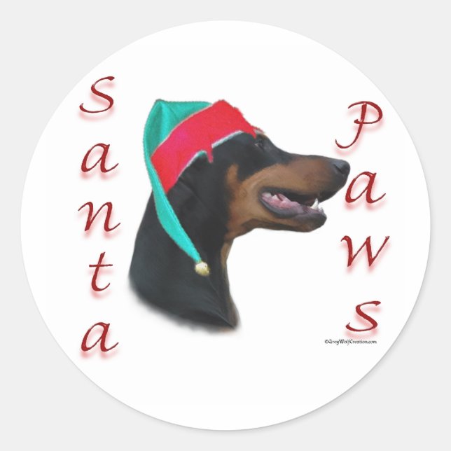Pegatina Redonda Doberman Pinscher (negro) Santa Paws (Anverso)