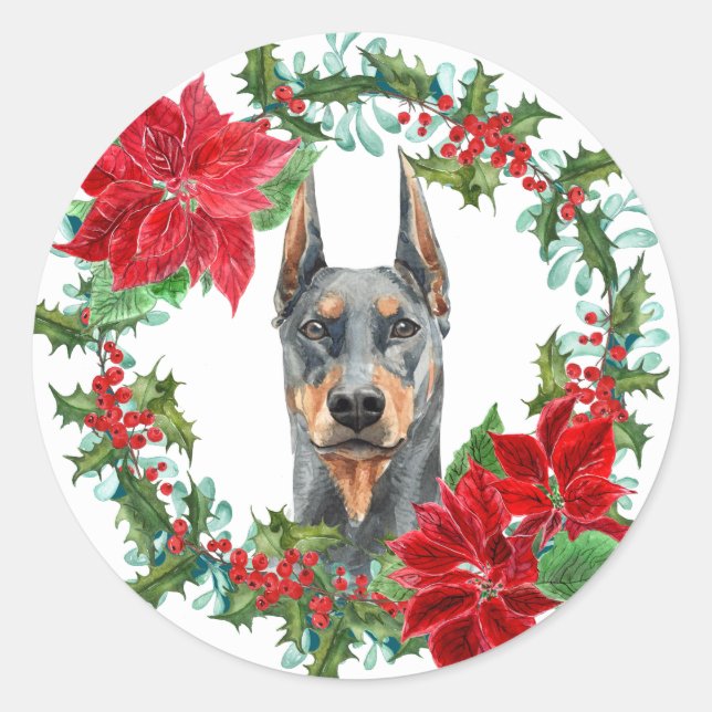 Pegatina Redonda Doberman Pinscher Poinsettia Holly Holiday Wreath (Anverso)