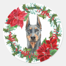 Pegatina Redonda Doberman Pinscher Poinsettia Holly Holiday Wreath