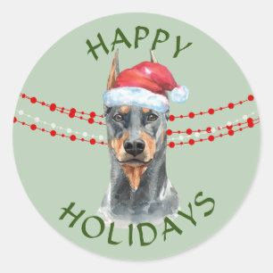 Pegatina Redonda Doberman Pinscher Santa Hat Felices Felices Fiesta