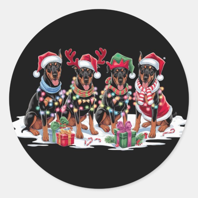 Pegatina Redonda Doberman Santa hat antea luces de elefantes Navida (Anverso)