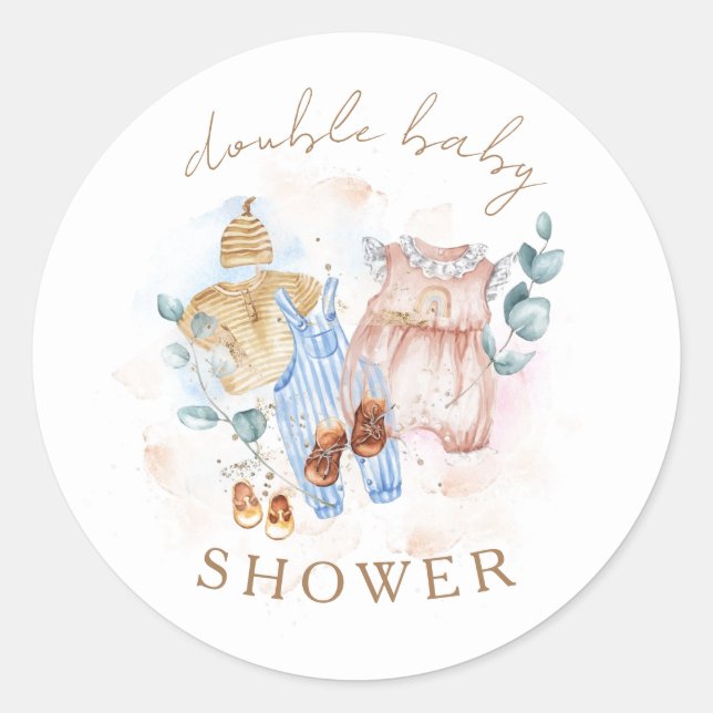 Pegatina Redonda Doble Baby Shower Cute Moderno Baby Shower (Anverso)