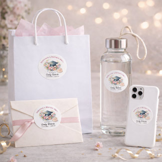 Pegatina Redonda Doble Celebración Floral de Graduación y Cumpleaño