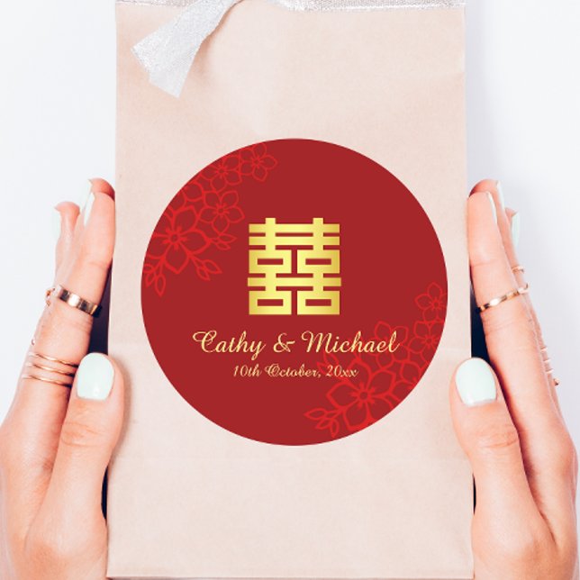 Pegatina Redonda Doble felicidad de fondo floral boda chino (Subido por el creador)