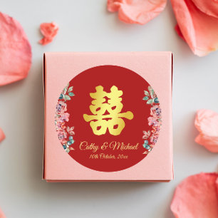 Pegatina Redonda Doble felicidad floral de boda china roja
