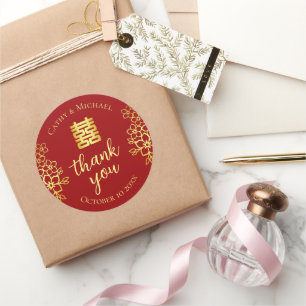 Pegatina Redonda Doble felicidad floral gracias boda china