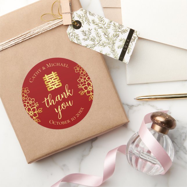 Pegatina Redonda Doble felicidad floral gracias boda china (Regalar)