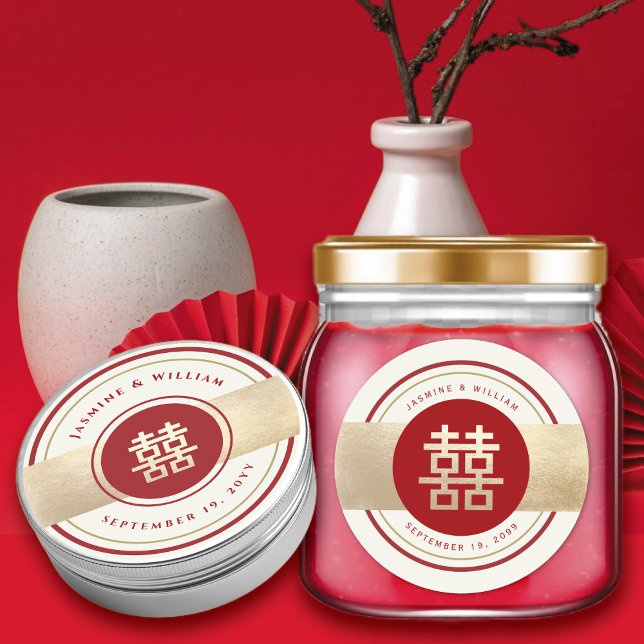 Pegatina Redonda Doble felicidad roja y dorada Favor de la boda chi (Red/Gold Classic Circle Double Happiness Chinese Wedding Favor Round Sticker @ fatfatin_red_knot)